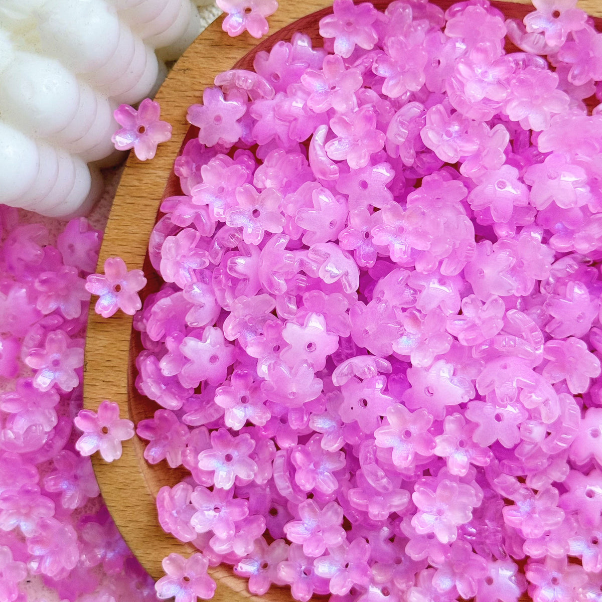 Glass cherry blossom beads in purple - 50 beads per pack