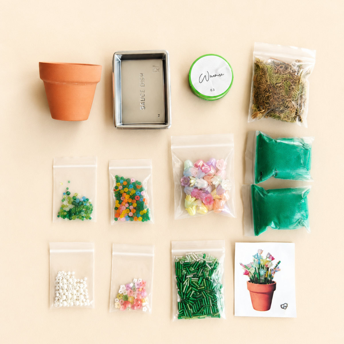 Materials included in the mini beaded flower pot DIY kit