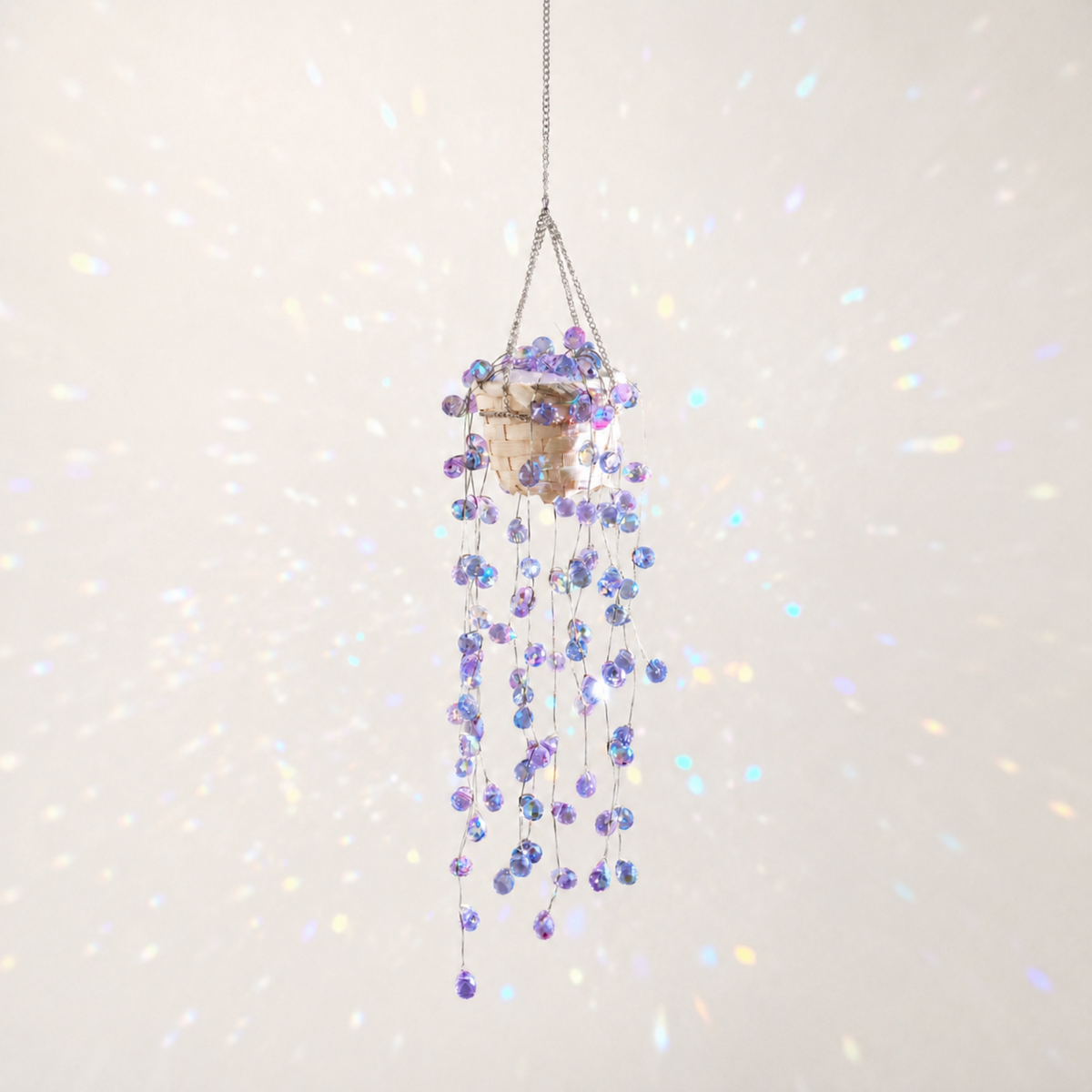 Purple crystal Wisteria beaded hanging plant for window decor