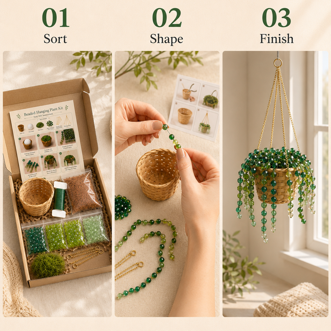 Simple three-step beaded plant DIY kit process showing sort, shape, and finish