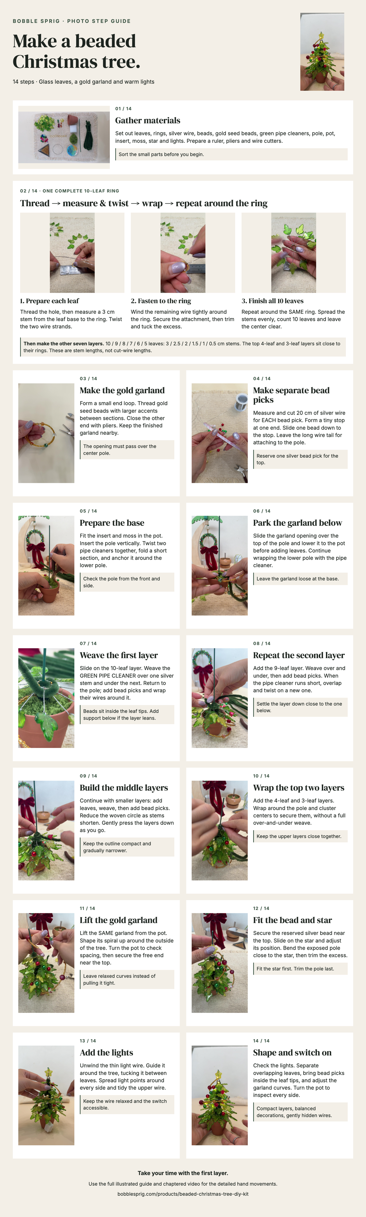 Fourteen-step photo guide poster for making a beaded Christmas tree, from gathering the materials and weaving the glass leaf layers to fitting the gold star and switching on the lights