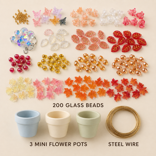 Autumn DIY set with 200 glass beads, three upright mini flower pots, and steel wire