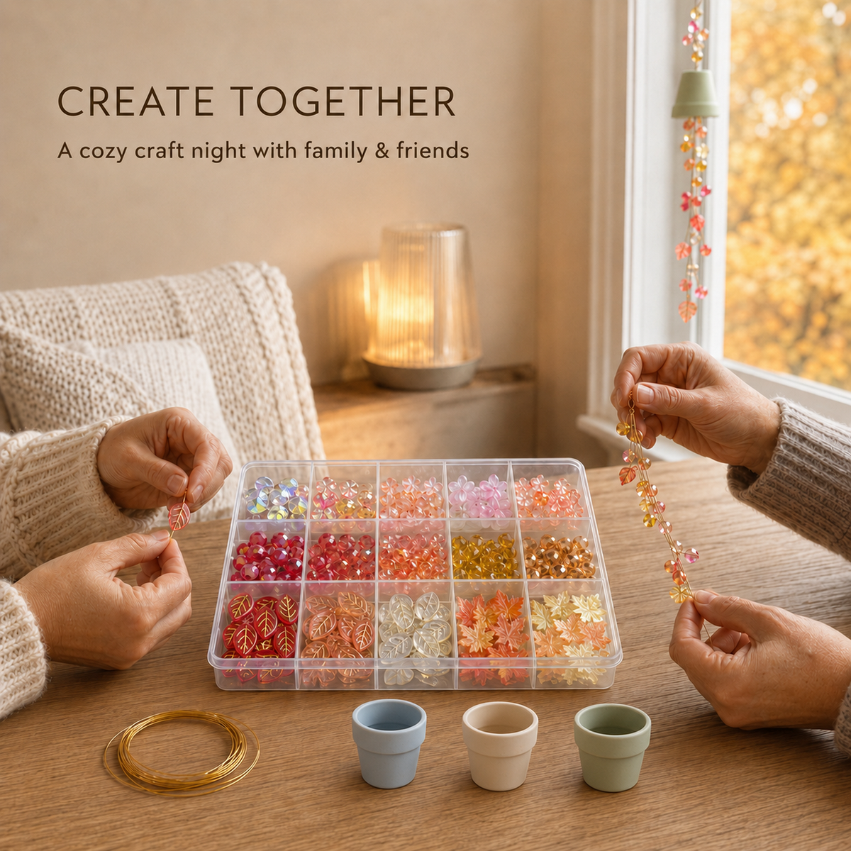Two adults making autumn beaded flower bells with beads organized in a compartment box