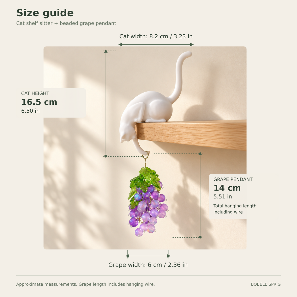 Cat shelf sitter size 8.2 cm wide by 16.5 cm high; grape pendant 6 cm wide by 14 cm long including wire