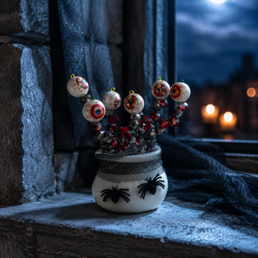 Halloween eyeball beaded plant wide angle on a moonlit stone windowsill, square product photo