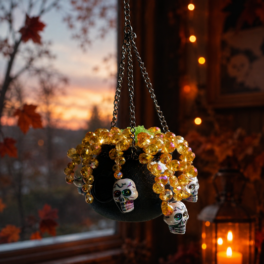 Skull witch cauldron beaded hanging plant by an autumn window