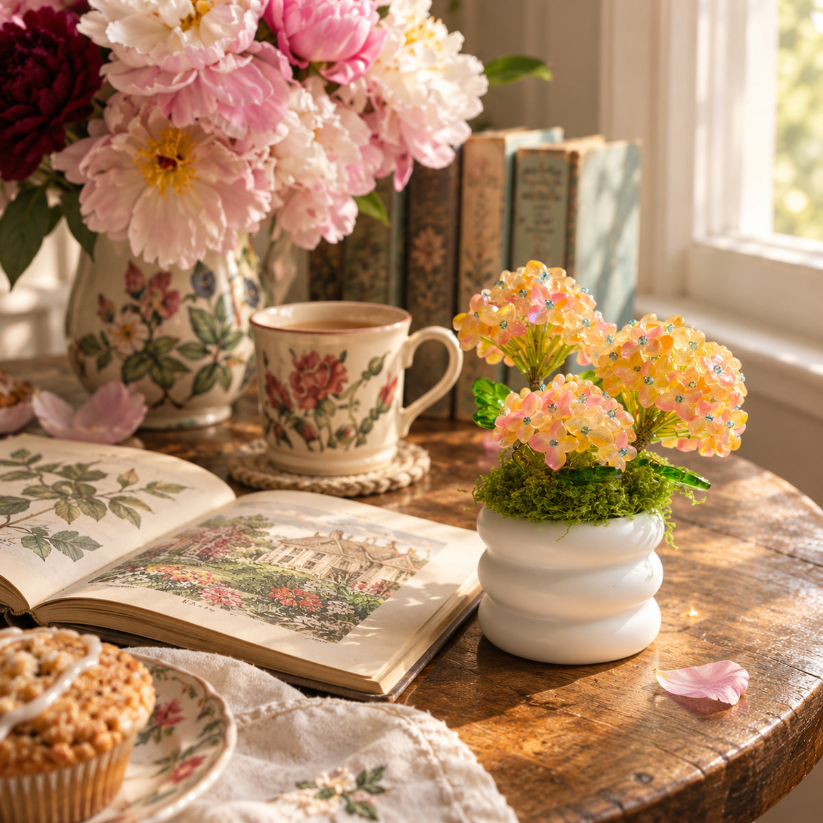 Pink and yellow beaded hydrangea in a white spiral pot on a sunlit reading table beside books and peonies.