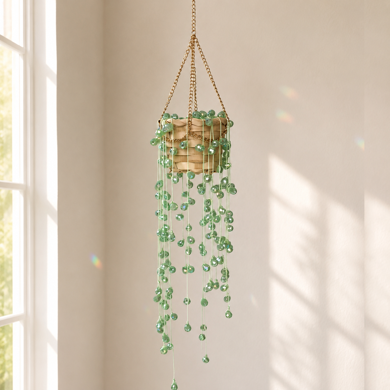 Light jade green String of Pearls beaded hanging plant beside a sunlit window
