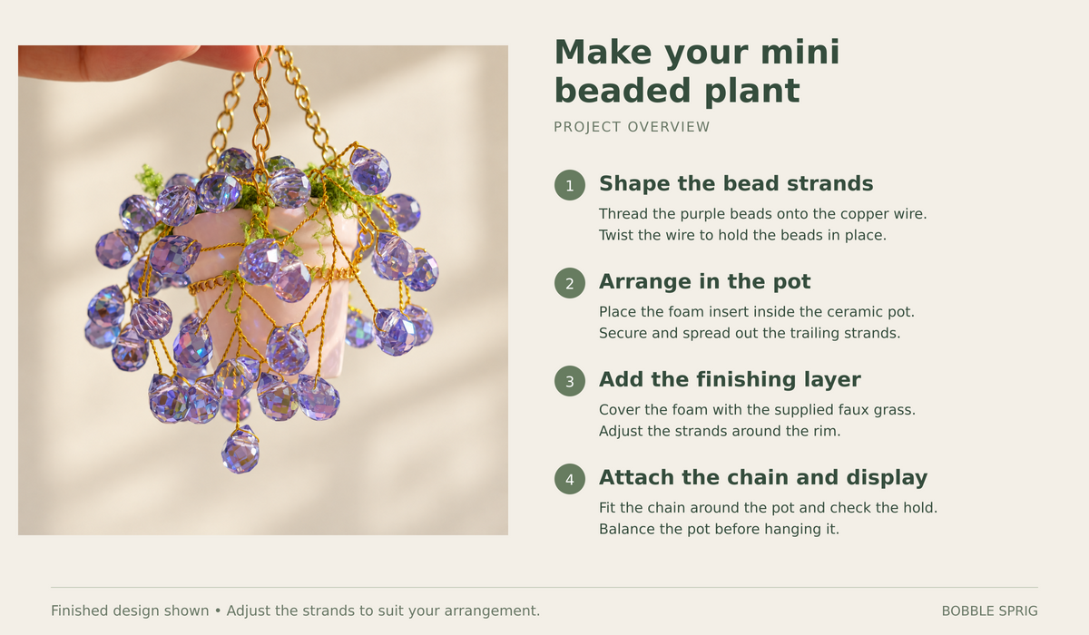 Four-stage project overview for shaping beaded strands, arranging the ceramic pot, adding faux grass and attaching the chain