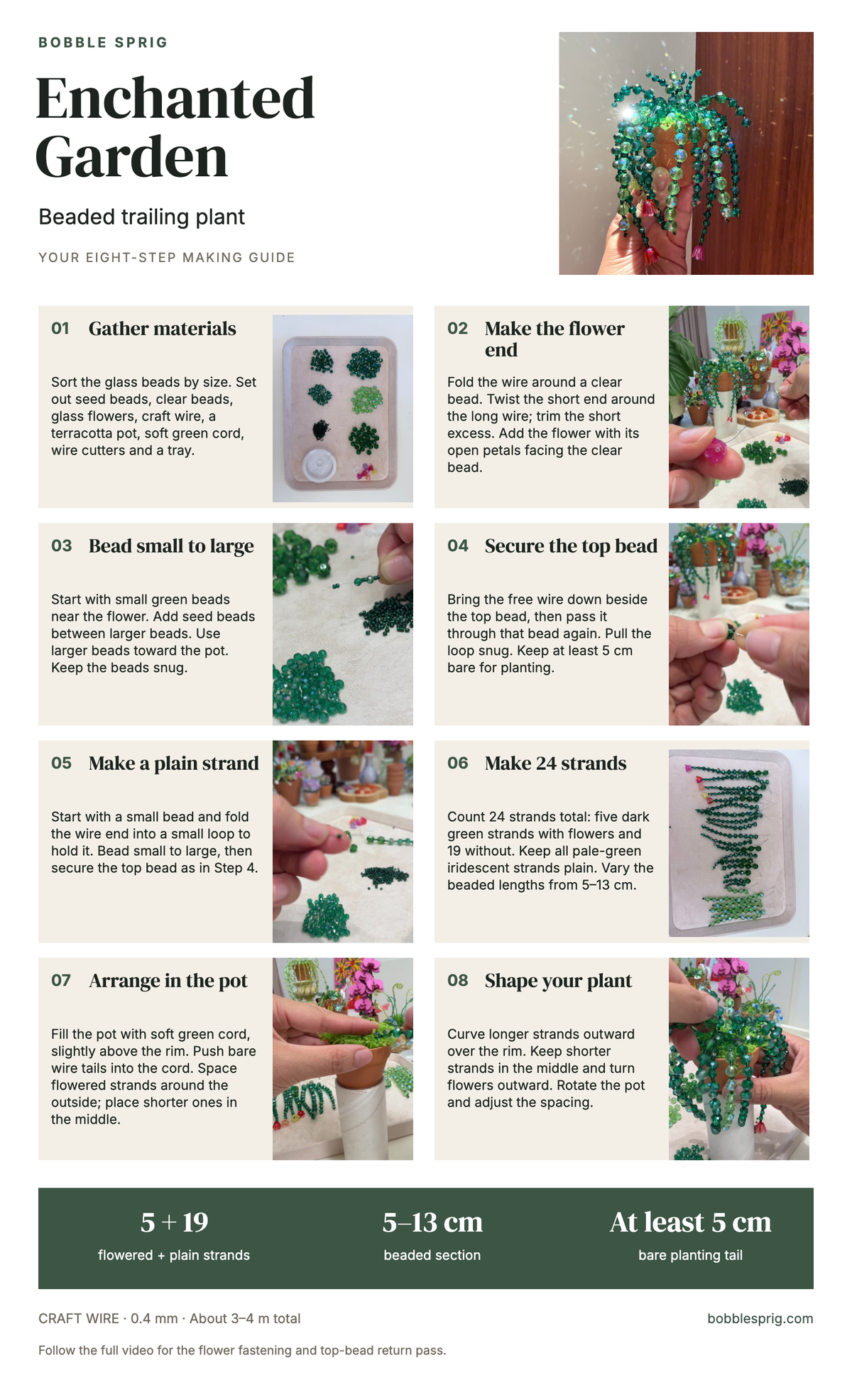 Eight-step making guide poster for the Enchanted Garden beaded trailing plant, from materials to shaping