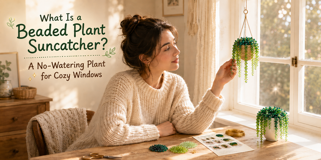 Beaded plant suncatcher hanging in a sunny window with an extra-full white mini pot beaded plant on a cozy wooden desk.