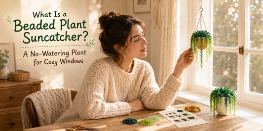 Beaded plant suncatcher hanging in a sunny window with an extra-full white mini pot beaded plant on a cozy wooden desk.