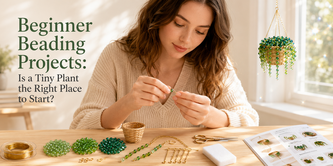 Beginner beading project with a tiny crystal beaded plant DIY kit