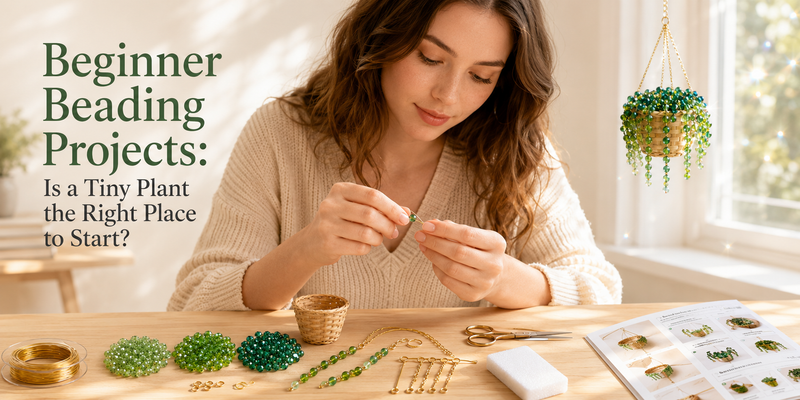 Beginner beading project with a tiny crystal beaded plant DIY kit