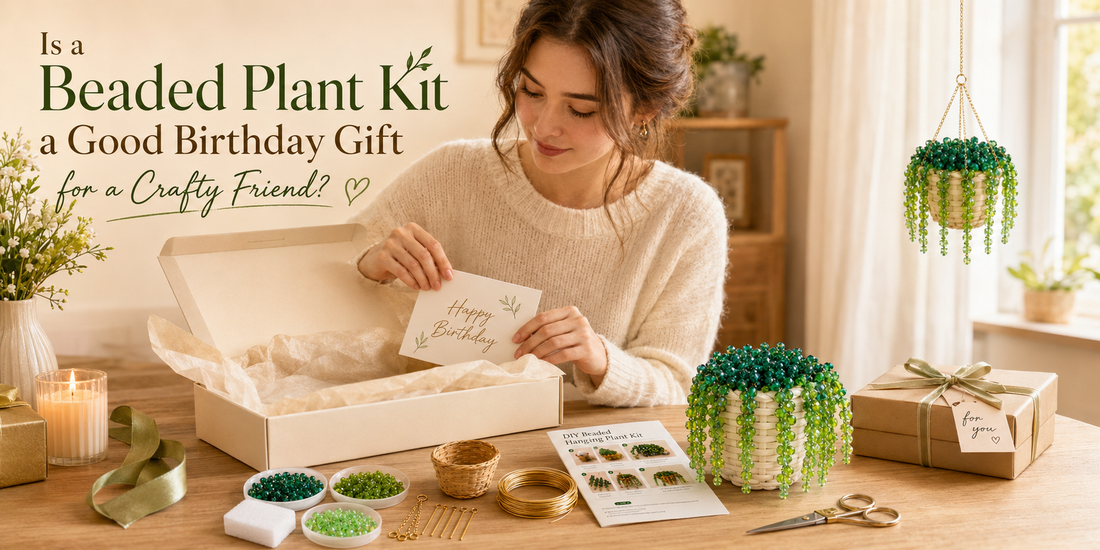 Birthday gift box with a Bobble Sprig beaded plant DIY kit, green beads, gold wire, and a finished white mini pot beaded plant for a crafty friend.