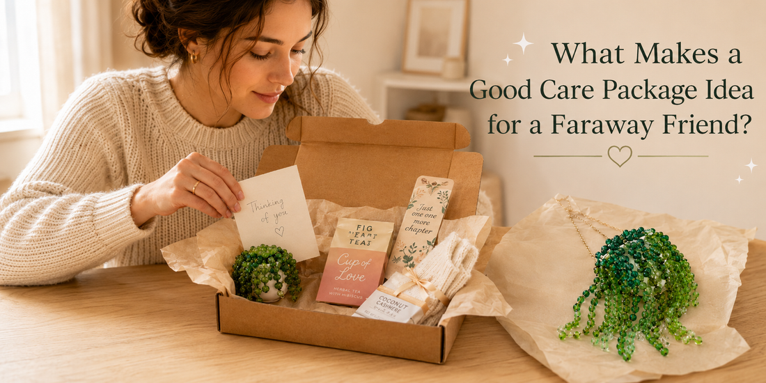Care package box for a faraway friend with a finished beaded plant, handwritten note, tea, bookmark, and cozy small gifts.