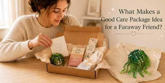 Care package box for a faraway friend with a finished beaded plant, handwritten note, tea, bookmark, and cozy small gifts.