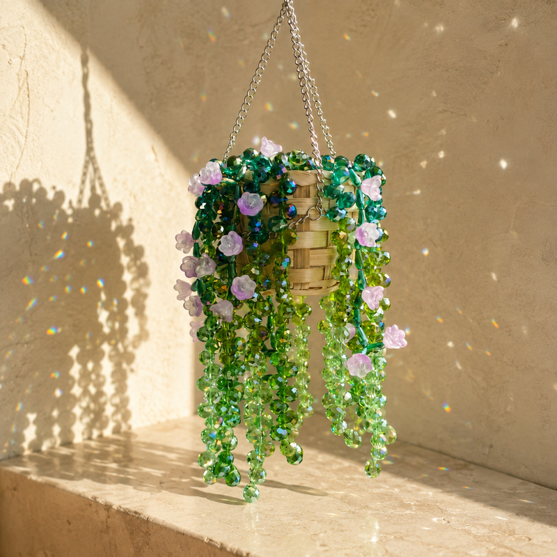 Cascading wisteria-style beaded hanging plant with green crystal beads and lavender flowers in a woven basket