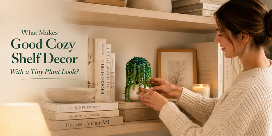 Extra-full beaded plant in a white mini pot styled on a cozy bookshelf between books, candles, and small decor objects.