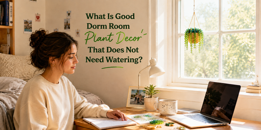 Tiny beaded hanging plant displayed in a bright dorm room window above a small study desk.