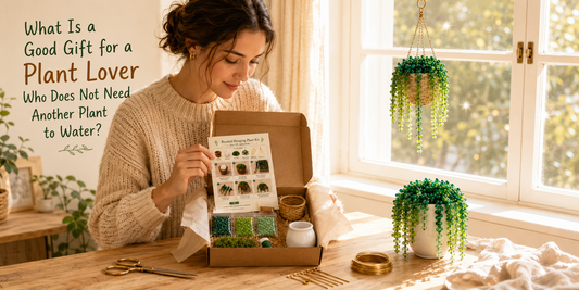Gift-ready beaded plant kit with green beads, gold wire, a white mini pot, and a finished hanging beaded plant by a sunny window.