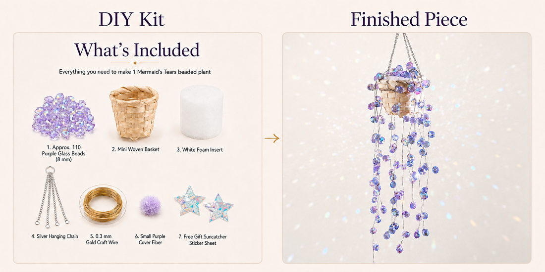 Purple Wisteria Mermaid’s Tears DIY kit materials beside the finished purple beaded plant with silver chain