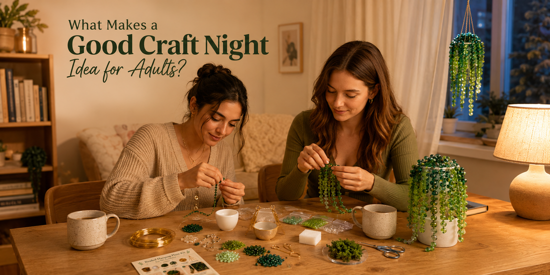 Two young women making beaded plant DIY kits at a cozy craft night table with green beads, gold wire, and finished beaded plants nearby.