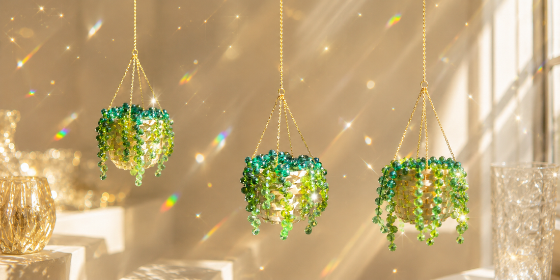 Step-by-step beaded hanging plant suncatcher tutorial with crystal beads and mini basket