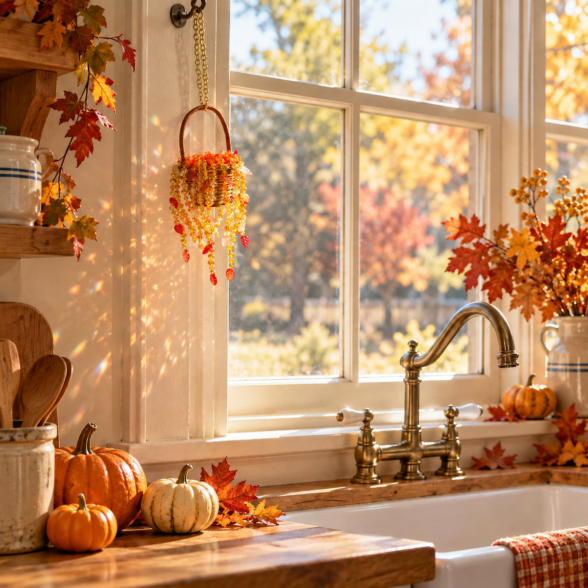 Small Autumn Dusk beaded basket hanging beside an autumn farmhouse kitchen window