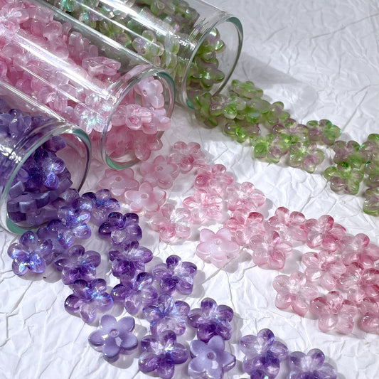 10mm five-petal glass flower beads in pink, purple and green, 50 pieces per pack