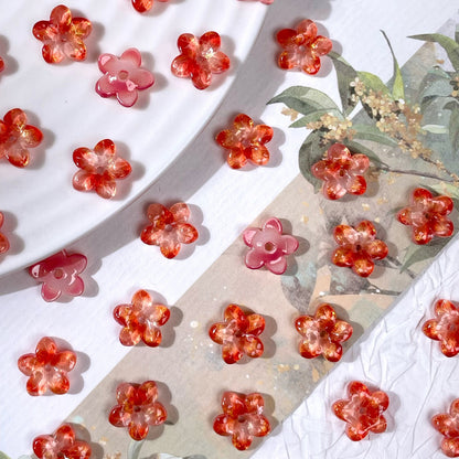 10mm five-petal glass flower beads in Cherry Red Gold, 50 pieces per pack