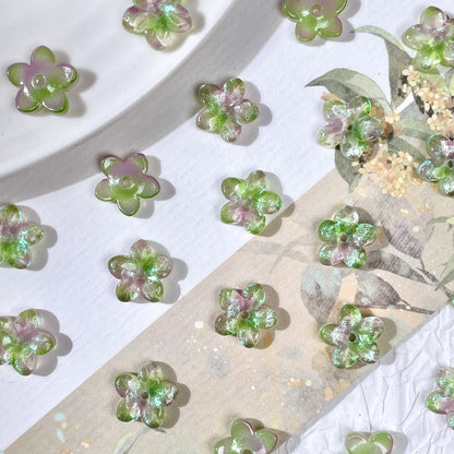 10mm five-petal glass flower beads in Iridescent Green & Pink, 50 pieces per pack
