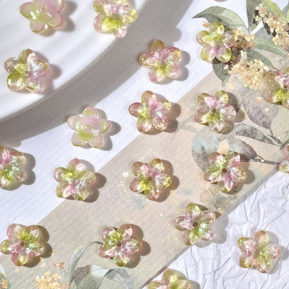 10mm five-petal glass flower beads in Peach & Matcha Green, 50 pieces per pack