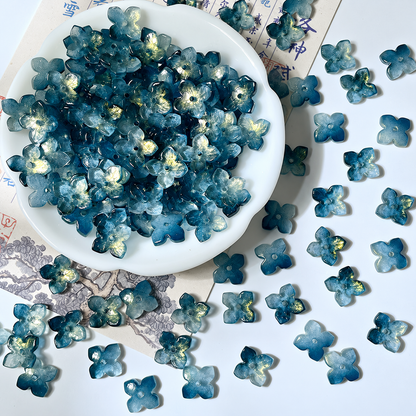 10mm four-petal glass hydrangea beads in Deep Teal Gold, 50 pieces per pack
