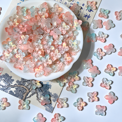 10mm four-petal glass hydrangea beads in Peach & Blue Gold, 50 pieces per pack