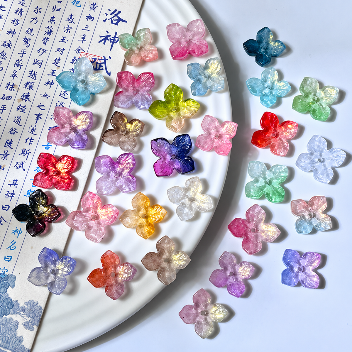 10mm four-petal glass hydrangea beads in Random Color Mix, 50 pieces per pack
