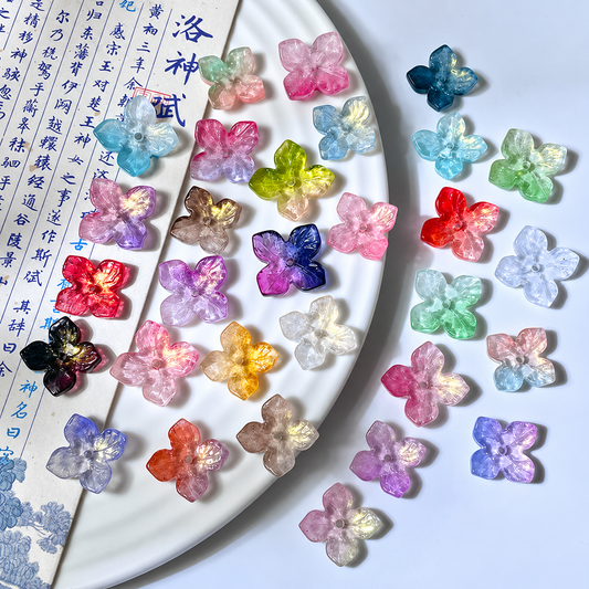 10mm four-petal glass hydrangea beads in Random Color Mix, 50 pieces per pack