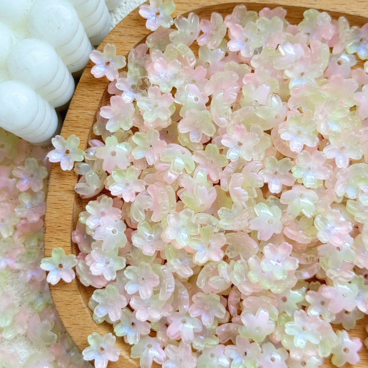 Glass cherry blossom beads in pink & green - 50 beads per pack