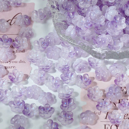 10mm glass plum blossom beads in Iridescent Mist Purple, 50 pieces per pack