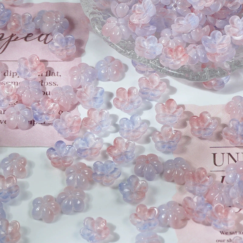 10mm glass plum blossom beads in Lake Blue & Pink, 50 pieces per pack