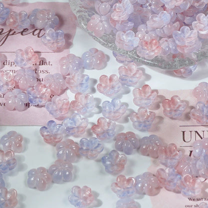 10mm glass plum blossom beads in Lake Blue & Pink, 50 pieces per pack