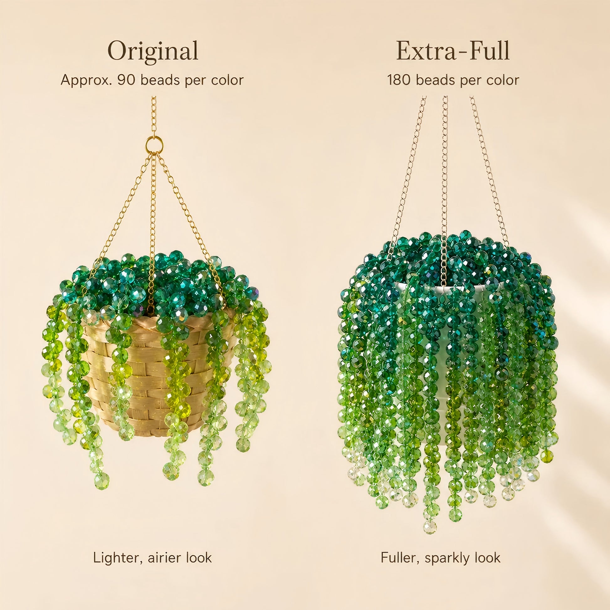 Close-up of extra-full green beaded plant suncatcher in sunlight