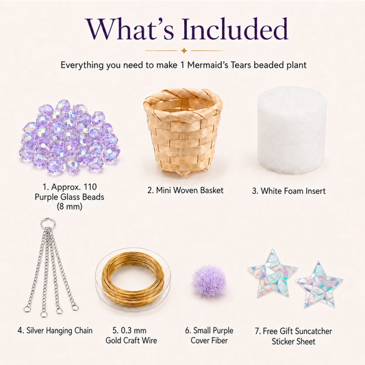 Materials included in the Mermaid’s Tears purple beaded plant kit