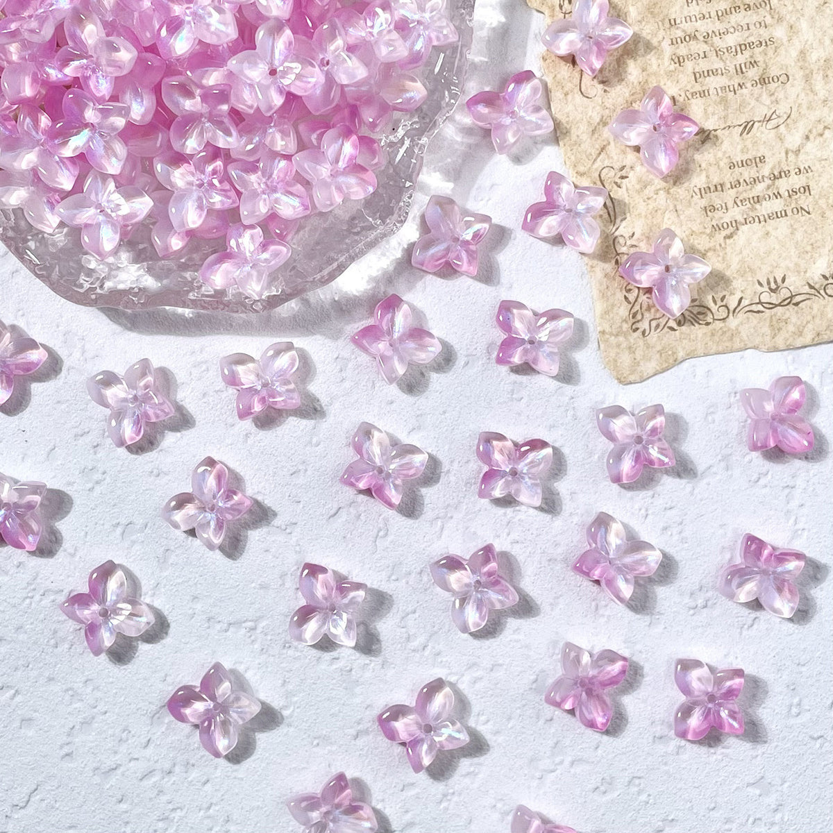 11x12mm glass hydrangea flower beads in Iridescent Pink, 50 pieces per pack