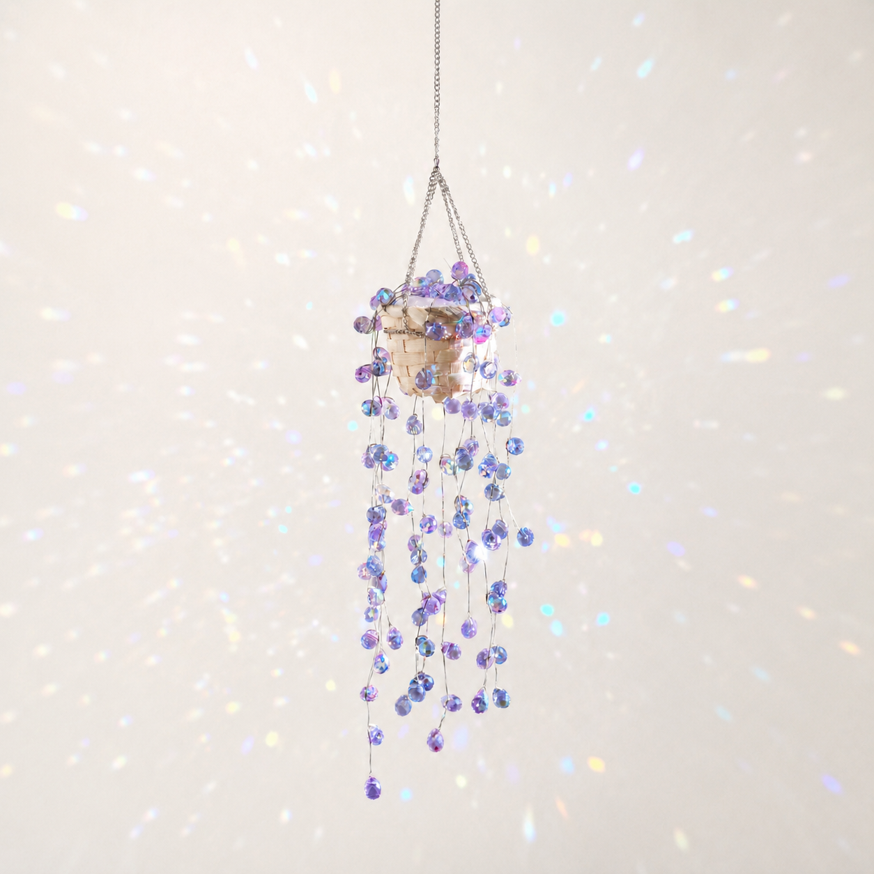 Purple crystal beaded hanging plant for window decor