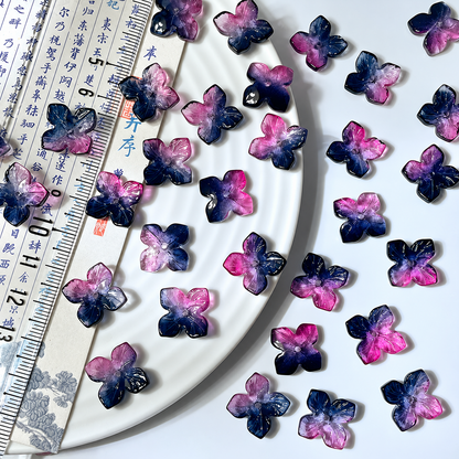 14mm four-petal glass hydrangea beads in Dark Plum Purple, 50 pieces per pack