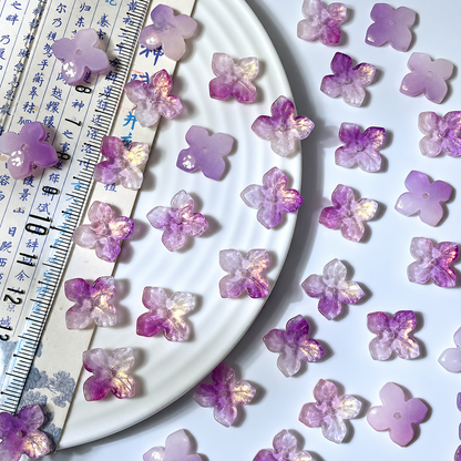 14mm four-petal glass hydrangea beads in Misty Lavender Gold, 50 pieces per pack