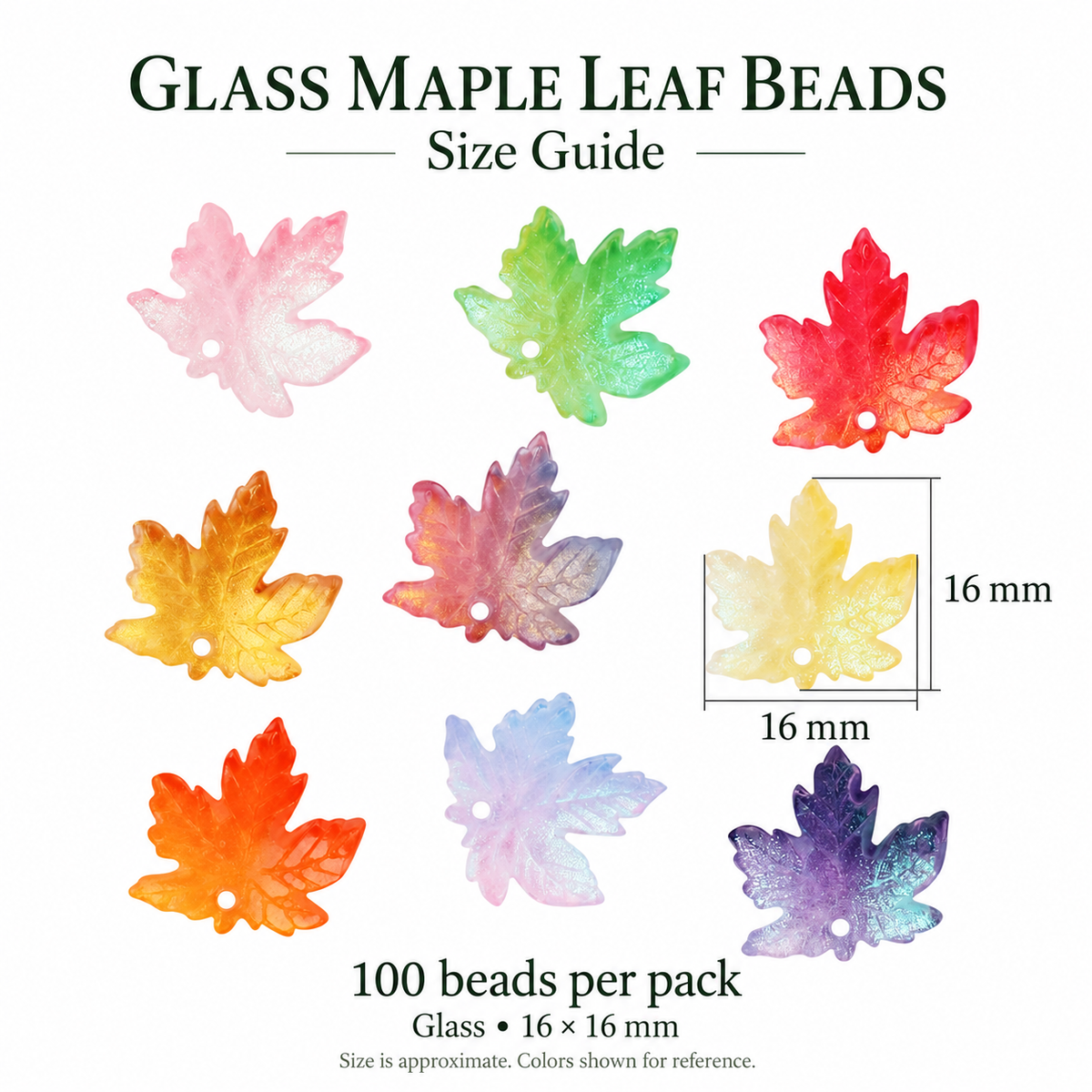 Glass maple leaf bead size guide: approximately 16 by 16 mm, 100 beads per pack
