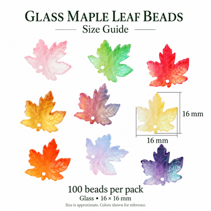 Glass maple leaf bead size guide: approximately 16 by 16 mm, 100 beads per pack