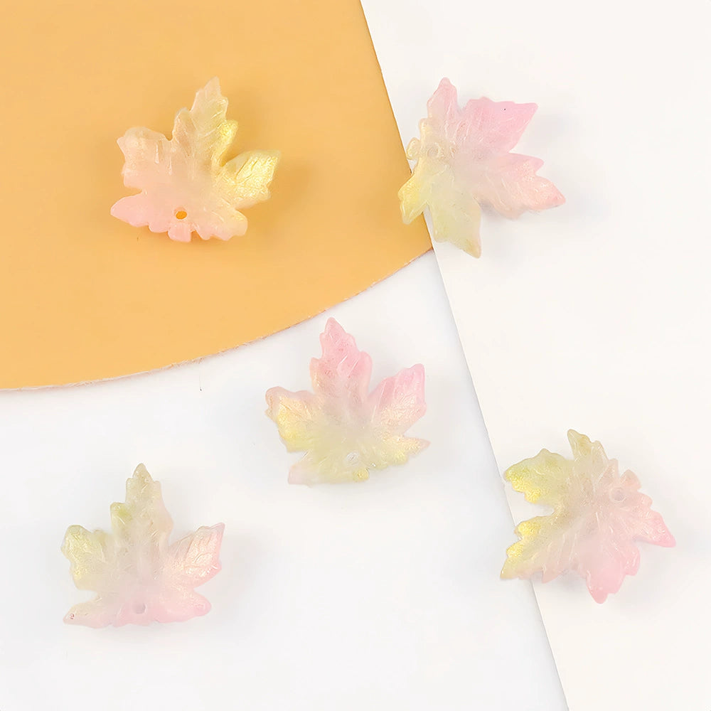 Pink & Green 16mm glass maple leaf beads, 100 pieces per pack